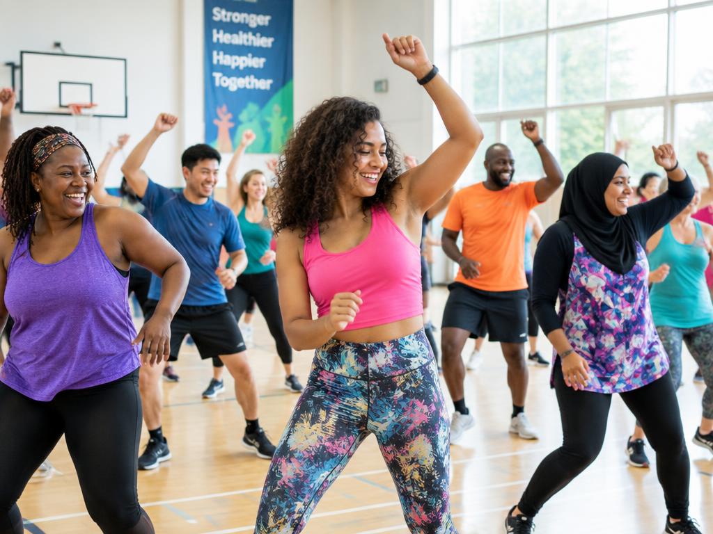 A mixed group of people dancing together in a bright hall