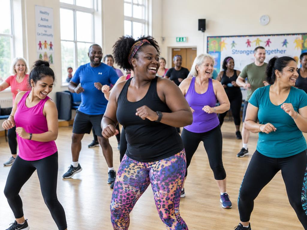 A mixed dance fitness class laughing mid move