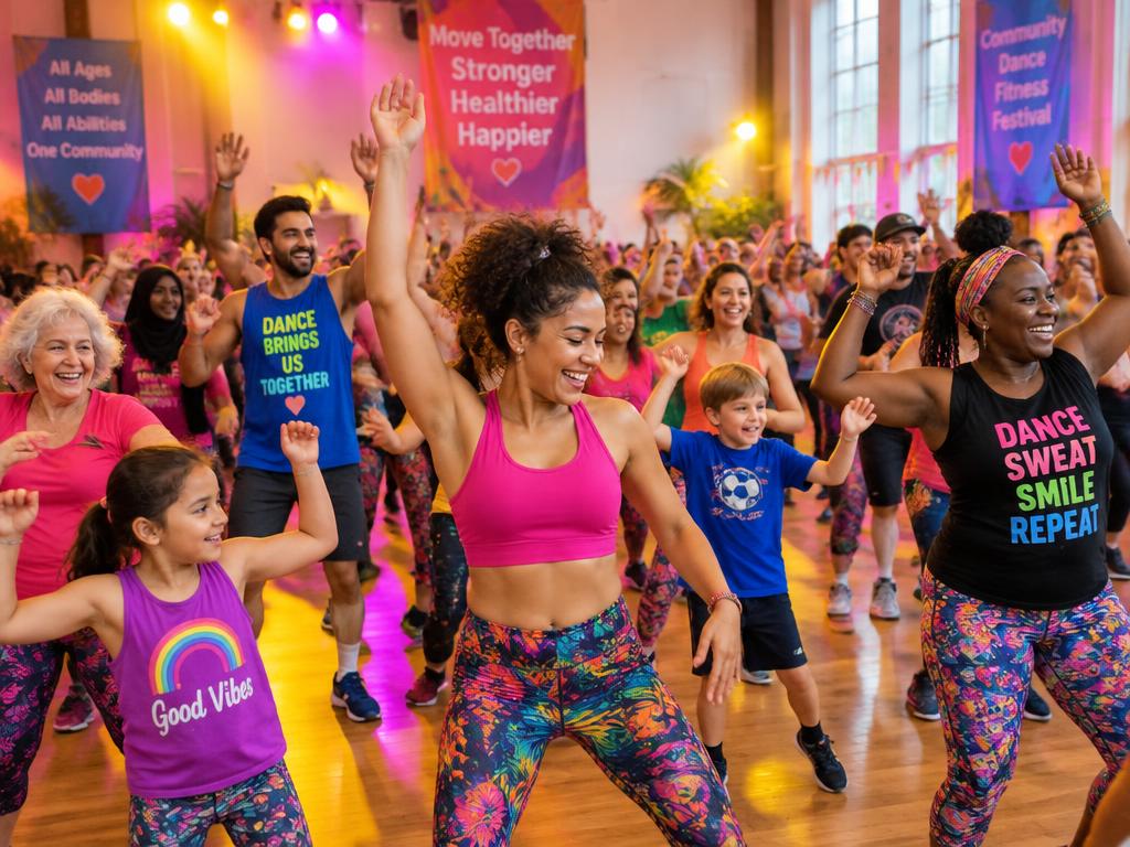 A hall full of people dancing together at Dance Fit Fest