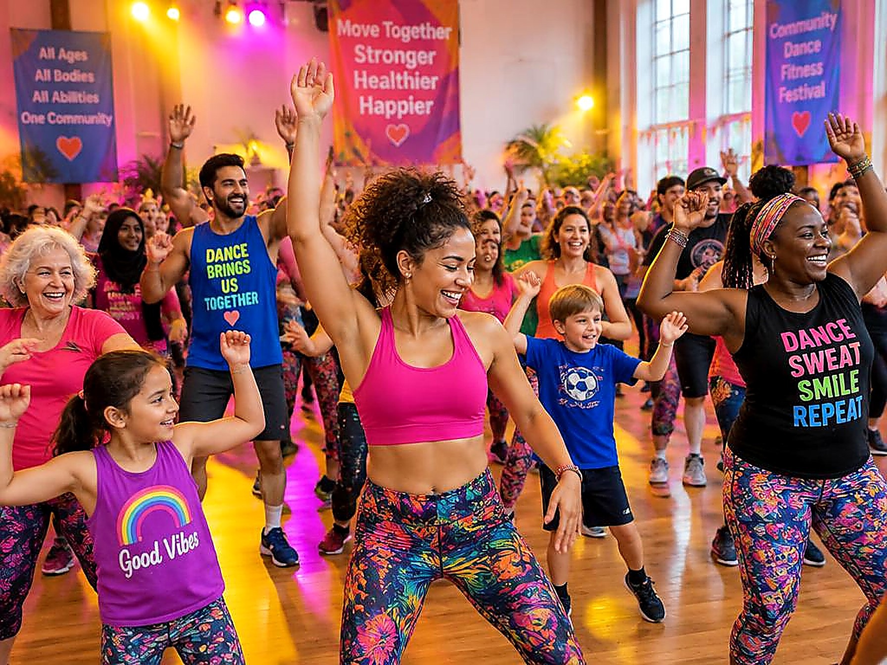 A hall full of people dancing together at Dance Fit Fest