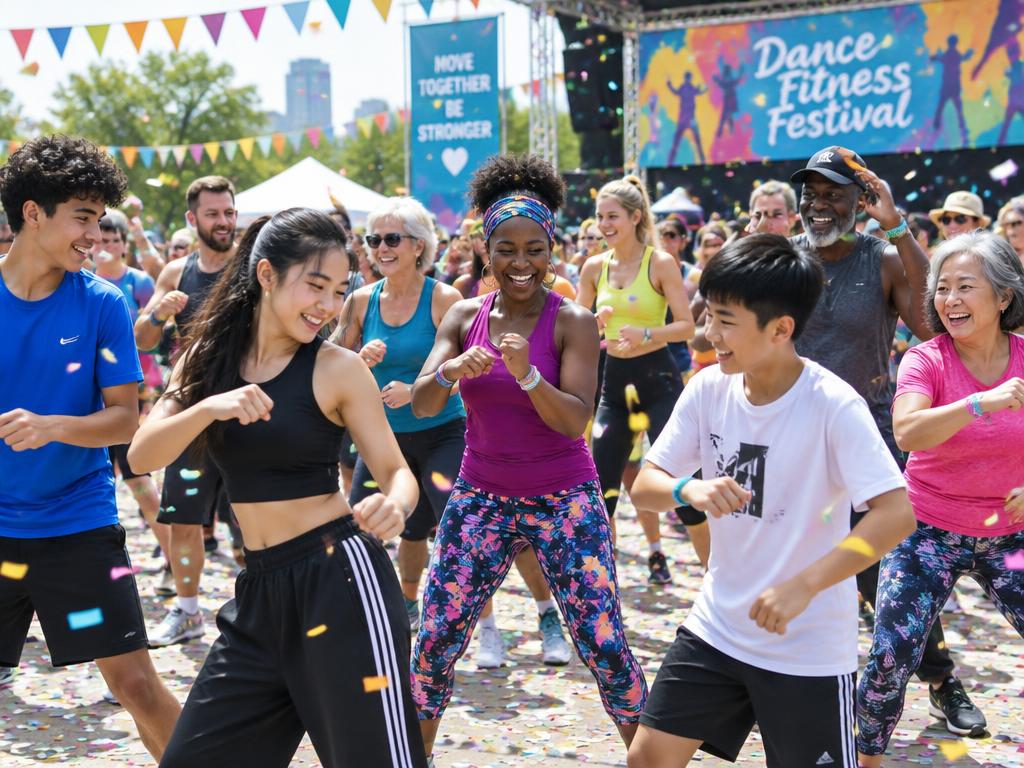Families and friends of all backgrounds dancing at a festival
